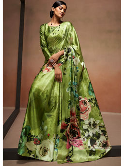Mysilklove - Mantis Green Printed Satin Silk Saree with Unstitched Blouse
