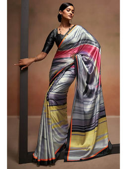 Mysilklove - Santas Grey Printed Satin Silk Saree with Unstitched Blouse