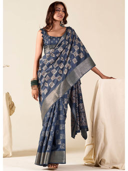 Mysilklove - River Bed Blue Banarasi Printed Soft Silk Saree with Unstitched Blouse