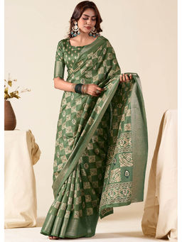 Mysilklove - Flax Smoke Green Banarasi Printed Soft Silk Saree with Unstitched Blouse
