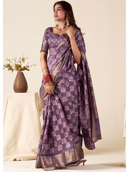 Mysilklove - Eggplant Purple Banarasi Printed Soft Silk Saree with Unstitched Blouse