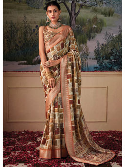 Mysilklove - Muddy Waters Brown and Cream Woven Banarasi Tessar Silk Saree with Unstitched Blouse