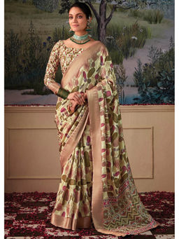 Mysilklove - Arrowtown Green Woven Banarasi Tessar Silk Saree with Unstitched Blouse