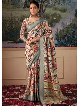 Mysilklove - Multicolor Cream Woven Banarasi Tessar Silk Saree with Unstitched Blouse