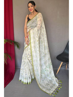 Mysilklove - Pista Green and White Printed Cotton Saree with Unstitched Blouse