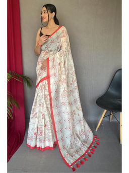Mysilklove - Rose Red and White Printed Cotton Saree with Unstitched Blouse