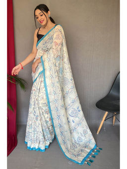 Mysilklove - River Blue and White Printed Cotton Saree with Unstitched Blouse