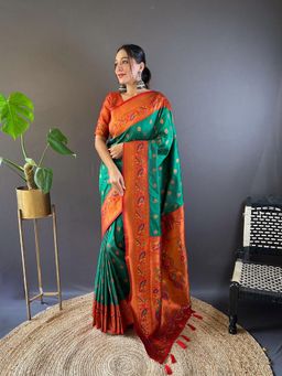 Odette - Women Green Woven Design Silk Blend Saree with Unstitched Blouse