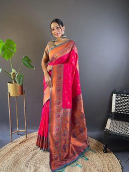 Odette - Women Pink Woven Design Silk Blend Saree with Unstitched Blouse