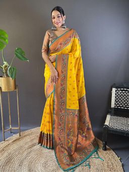 Odette - Women Yellow Woven Design Silk Blend Saree with Unstitched Blouse
