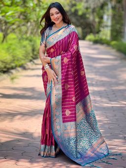 Odette - Women Wine Woven Design Soft Silk Saree with Unstitched Blouse