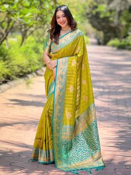 Odette - Women Olive Woven Design Soft Silk Saree with Unstitched Blouse