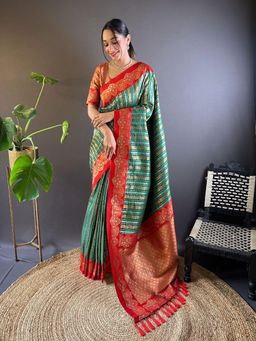 Odette - Women Green Woven Tassels Design Soft Silk Saree with Unstitched Blouse