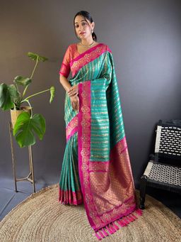 Odette - Women Sea Green Woven Tassels Design Soft Silk Saree with Unstitched Blouse