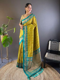 Odette - Women Olive Woven Tassels Design Soft Silk Saree with Unstitched Blouse