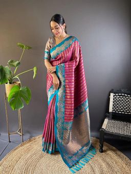 Odette - Women Pink Woven Tassels Design Soft Silk Saree with Unstitched Blouse