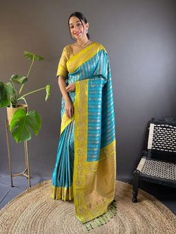 Odette - Women Sky Blue Woven Tassels Design Soft Silk Saree with Unstitched Blouse