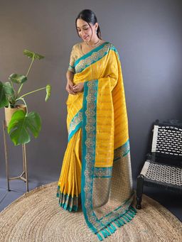 Odette - Women Yellow Woven Tassels Design Soft Silk Saree with Unstitched Blouse