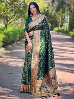 Odette - Women Green Woven Design Silk Blend Saree with Unstitched Blouse