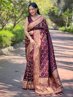 Odette - Women Maroon Woven Design Silk Blend Saree with Unstitched Blouse