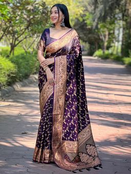 Odette - Women Purple Woven Design Silk Blend Saree with Unstitched Blouse