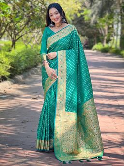 Odette - Women Green Woven Design Silk Blend Saree with Unstitched Blouse