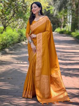 Odette - Women Mustard Woven Design Silk Blend Saree with Unstitched Blouse
