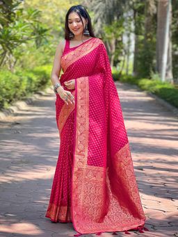 Odette - Women Pink Woven Design Silk Blend Saree with Unstitched Blouse