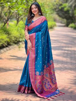 Odette - Women Blue Woven Design Silk Blend Saree with Unstitched Blouse