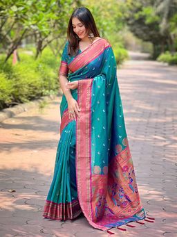 Odette - Women Teal Woven Design Silk Blend Saree with Unstitched Blouse
