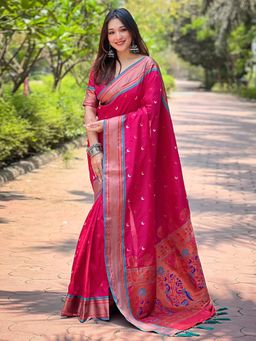Odette - Women Pink Woven Design Silk Blend Saree with Unstitched Blouse