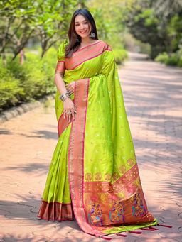 Odette - Women Olive Woven Design Silk Blend Saree with Unstitched Blouse