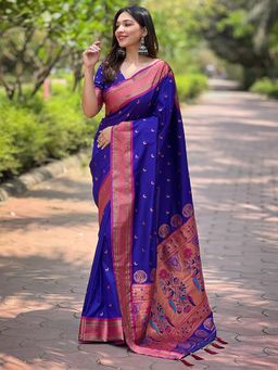 Odette - Women Navy Blue Woven Design Silk Blend Saree with Unstitched Blouse