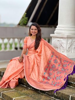 Odette - Women Peach Checks Woven Design Silk Blend Saree with Unstitched Blouse