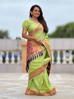 Odette - Women Olive Checks Woven Design Silk Blend Saree with Unstitched Blouse