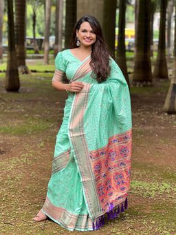 Odette - Women Sea Green Checks Woven Design Silk Blend Saree with Unstitched Blouse