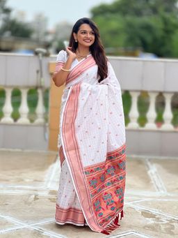 Odette - Women White Checks Woven Design Silk Blend Saree with Unstitched Blouse