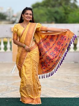 Odette - Women Mustard Checks Woven Design Silk Blend Saree with Unstitched Blouse