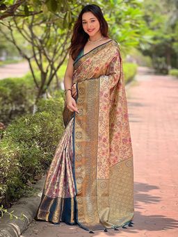 Odette - Women Teal and Beige Floral Woven Silk Blend Saree with Unstitched Blouse