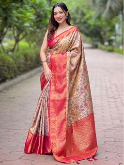 Odette - Women Pink and Beige Floral Woven Silk Blend Saree with Unstitched Blouse