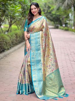 Odette - Women Blue and Beige Floral Woven Silk Blend Saree with Unstitched Blouse