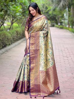 Odette - Women Purple and Beige Floral Woven Silk Blend Saree with Unstitched Blouse