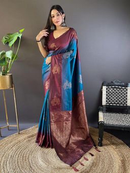 Odette - Women Blue Woven Design Soft Silk Saree with Unstitched Blouse