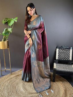 Odette - Women Maroon Woven Design Soft Silk Saree with Unstitched Blouse