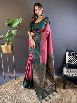 Odette - Women Pink Woven Design Soft Silk Saree with Unstitched Blouse