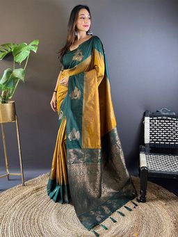Odette - Women Mustard Woven Design Soft Silk Saree with Unstitched Blouse