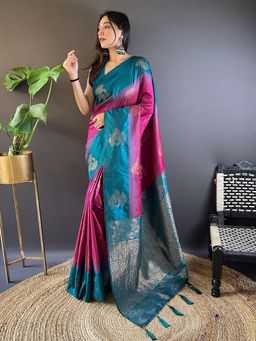 Odette - Women Rani Pink Woven Design Soft Silk Saree with Unstitched Blouse