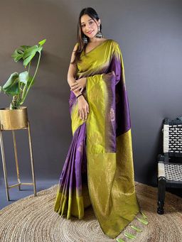 Odette - Women Purple Woven Design Soft Silk Saree with Unstitched Blouse