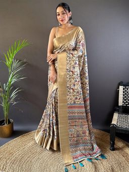 Odette - Women Beige Printed Silk Blend Saree with Unstitched Blouse