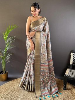 Odette - Women Grey Printed Silk Blend Saree with Unstitched Blouse